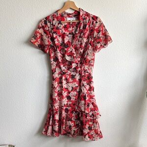Reiss 'Marseille' Floral Red and Black Print Chiffon Ruffle Dress US Size 0